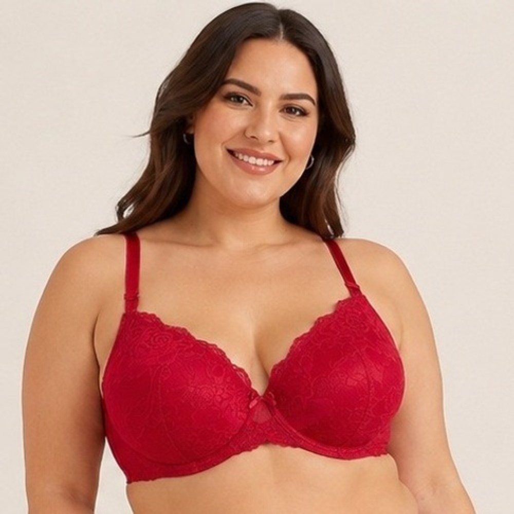 Torrid Perfect T Boost Bra 44D Red Lace Detail Underwire Full Coverage Push-Up
